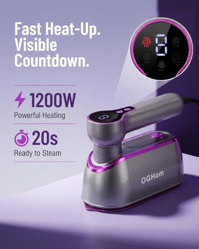 OGHom Rose Pink Travel Garment Steamer 1200W with LCD, 4 Steam Levels & Dry Iron Mode