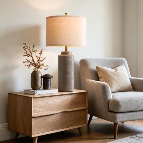 PARTPHONER 27-Inch Vintage Ceramic Table Lamp Set of 2 - Greyish Brown Farmhouse Nightstand Lamps with Ribbed Finish