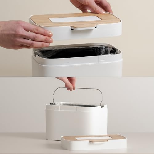 Countertop Compost Bin 'Elin' with Wooden Lid & Filter - 1.2 Gallon, Odor-Free, Dishwasher Safe, Bamboo Off-White