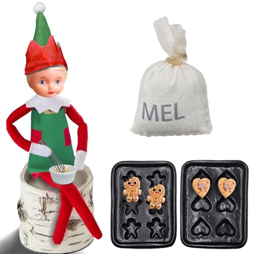17 Pcs Gingerbread Baking Christmas Doll Accessories, Elf on the Shelf Accessories Included Baking Sheets, Spoon, Apron, Miniature Ginger Cookies,Elf Kitchen Outfits for Christmas Party Decorations