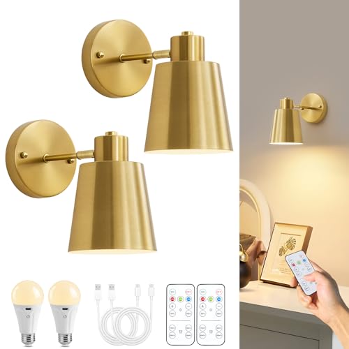 Gold Battery Operated Wall Sconces Set of Two with Remote Dimmable 3-Color Temp