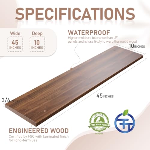 Walnut 45-Inch Long Floating Shelves Set of 2 - Deep Wall Mounted Open Storage