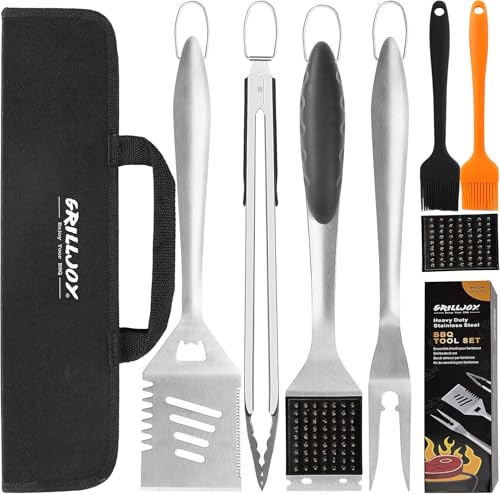 Black Grilljoy 8-Piece BBQ Grill Tools Set with Stainless Steel Spatula, Fork, Tongs & Cleaning Brush - Portable Barbecue Kit for Father's Day