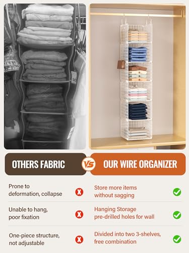Orapoke White 6-Tier Hanging Closet Organizer Without Drawer - Metal Storage Shelves with Hooks
