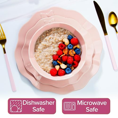 Paris Hilton Pink Embossed Bow 12-Piece Dinnerware Set for 4 – Ceramic Stoneware, Microwave & Dishwasher Safe
