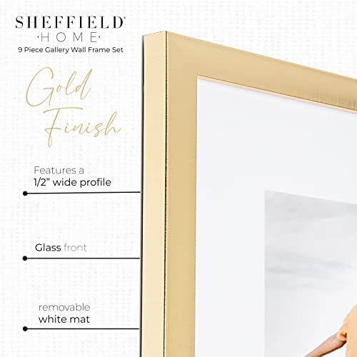 Sheffield Home Gold Gallery Wall Frame Set 12x12 / 8x8 Mat - 9 Pieces