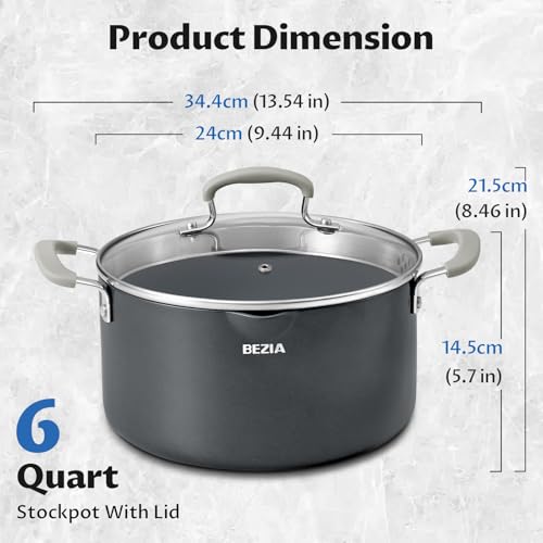 BEZIA 6 Qt Ceramic Non-Stick Stock Pot with Strainer Lid & Pour Spout