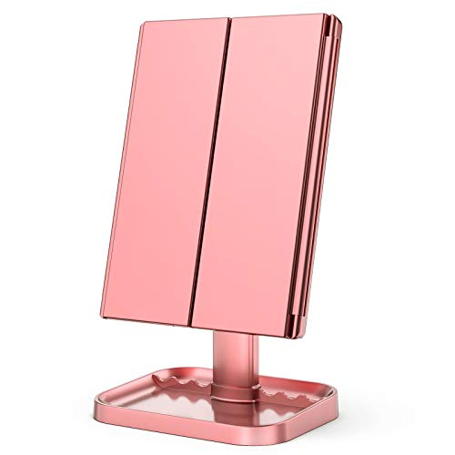 HUONUL Lighted Vanity Mirror with Magnification - Rose Gold, 2X/3X/10X, Trifold Makeup Mirror