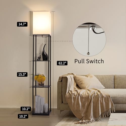Black Floor Lamp with Shelves - Modern Corner Standing Bookcase & Lighting