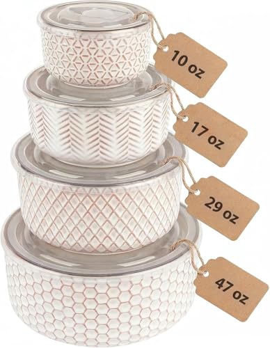 KooK Ceramic Nesting Bowls with Lids Set of 4 - 47 Oz Embossed Stoneware, Ivory