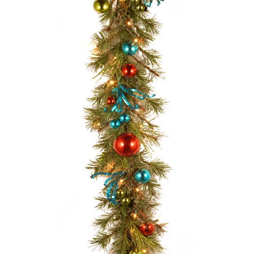National Tree Company 9 Ft Pre-Lit Artificial Christmas Garland - Green with Berry Clusters, Ribbon & Ball Ornaments (Indoor/Outdoor) - 24-Inch Retro Wreath Variation Included