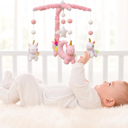 Unicorn Baby Crib Mobile for Girls with 28-Inch Arm & 35 Lullabies, Pink & White