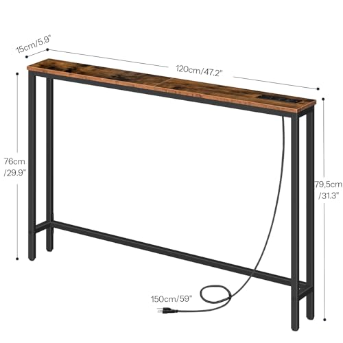 HOOBRO 47.2-Inch Narrow Console Table with Power Outlet, Rustic Brown & Black, Variation 1