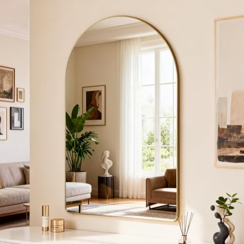 MYlovelylands 36x24 Gold Arched Bathroom Mirror - Tempered Glass, Wall Mount