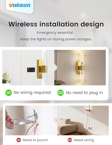 VOLISUN Gold Battery Operated Wall Sconces Set of 2, Wireless Rechargeable Wall Lights with Remote, Dimmable, 3 Color Temps, 15.3 inch