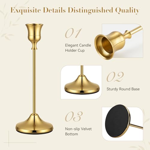 Vintage Gold Brass 48-Pack Taper Candle Holders Set, Multiple Heights