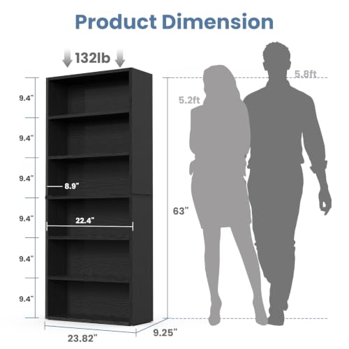 DUMOS Modern Black 6-Tier Tall Bookcase - 63 Inch Open Shelving for Living Room & Office