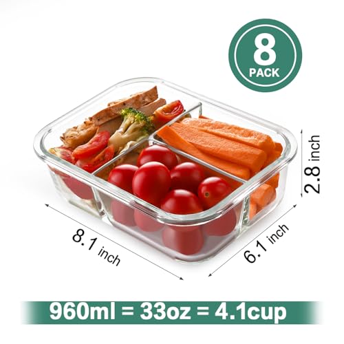 HOMBERKING Pink 8 Pack 3-Compartment Glass Meal Prep Containers 36oz