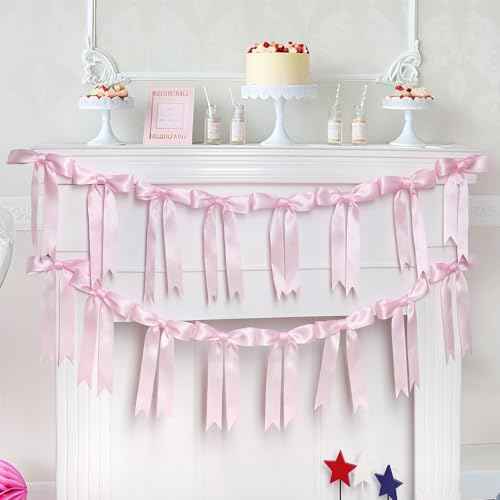Yuubin 2 Pack Pink Bow Christmas Garland Banner Decor,Sweet Party Hanging Decorations for Women Coquette Birthday Bridal Shower Wedding Engagement Bachelorette Girl Baby Shower Supplies