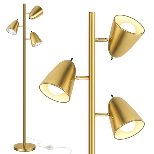 QiMH Brushed Gold Tree Floor Lamp with 3 Adjustable Arms & LED Bulbs, Modern Standing Tall Pole Light for Living Room & Bedroom