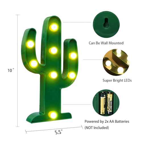Novelty Place Cactus Marquee Sign Lights, Warm White LED Lamp Tropical Green - Living Room, Bedroom Table & Wall Christmas Decoration for Kids & Adults - Battery Powered 10 Inches High