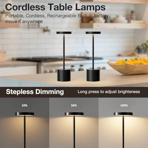 Black Cordless Rechargeable Table Lamp Set of 2 - 4000mAh Battery, Touch Dimmable, Portable LED Lighting