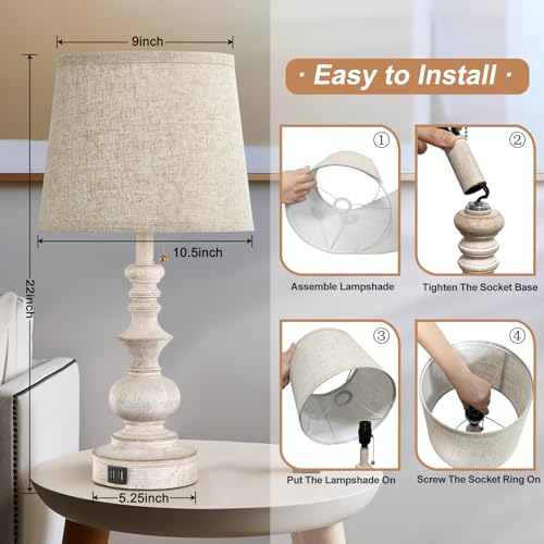 Drawealth Farmhouse Bedside Table Lamps Set of 2 - White, 22'' with USB Charging & Pull Chain