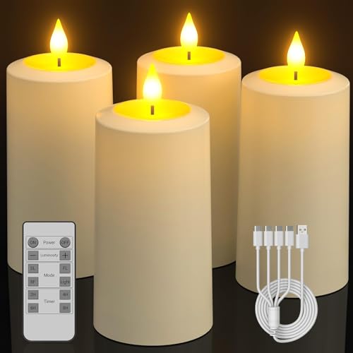 SoulBay Waterproof USB Rechargeable Flameless LED Candles - Outdoor Indoor Flickering Pillar Lights with Remote & Timer, 2.75x5.1 Inches, 4-Pack