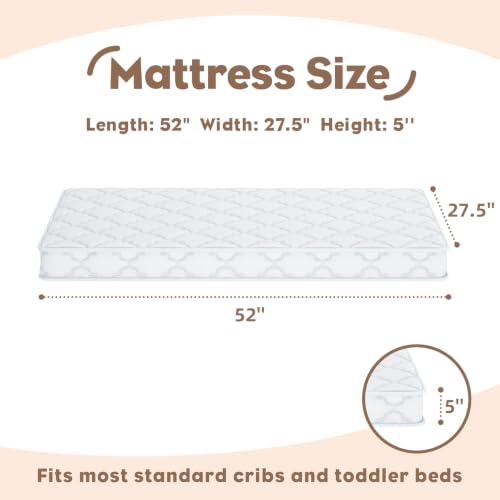 Premium Baby Crib Mattress - 52x27.5 Inches, White, Supportive & Safe