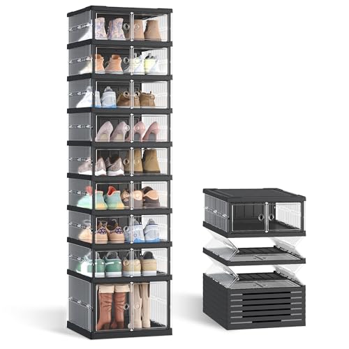 SONGMICS Foldable Shoe Storage Organizer 9-Tier Transparent + Ink Black, Holds 18 Pairs