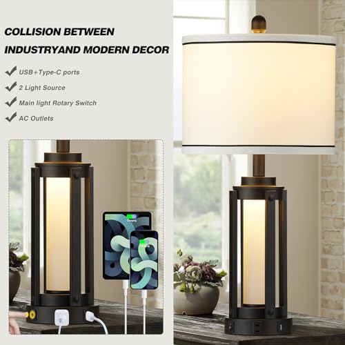 Black 25-Inch Modern Table Lamp Set with USB-C, AC Outlet & Night Light