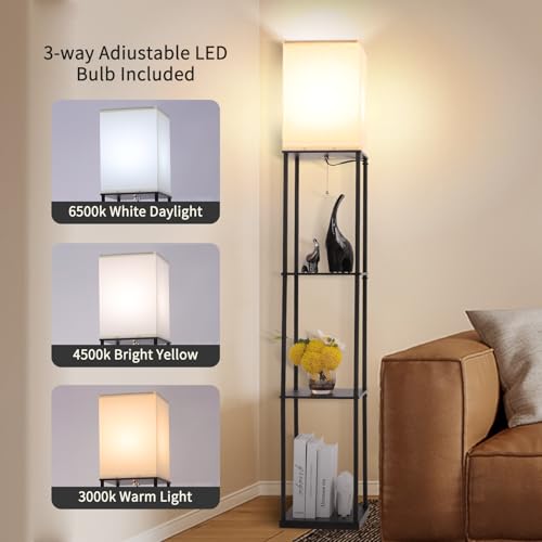 Black Floor Lamp with Shelves - Modern Corner Standing Bookcase & Lighting