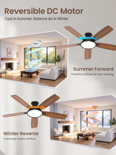 Black 52-Inch Ceiling Fan with Lights and Remote - Low Profile, Reversible DC Motor