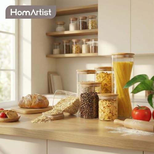 Round Glass Storage Containers with Bamboo Lids for Pasta & Flour, 5