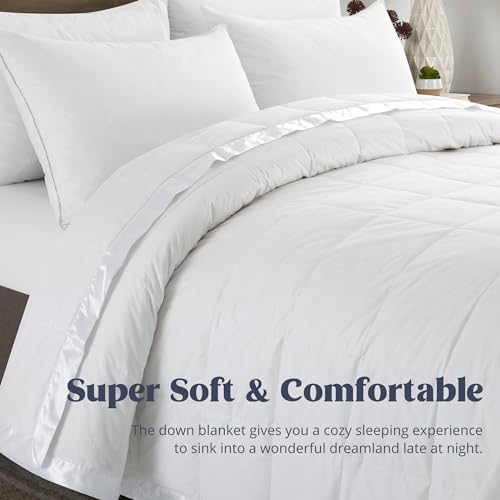PureDown White King Size Lightweight Down Blanket with Satin Trim - Cozy & Warm