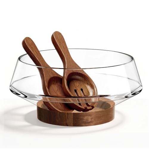 Golden Ratio Extra Large Crystal Glass Salad Bowl Set with Acacia Wooden Servers & Base - Hosting Essentials