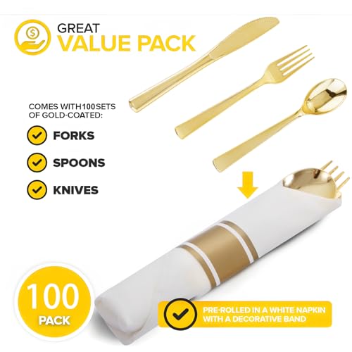 Joyido 400PCS Gold Plastic Silverware Set - Classic Pre Rolled Disposable Cutlery for Parties & Events