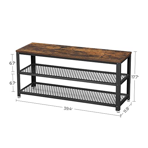 VASAGLE Rustic Brown 3-Tier Shoe Rack & Storage Bench, 39.4" W x 17.7" H