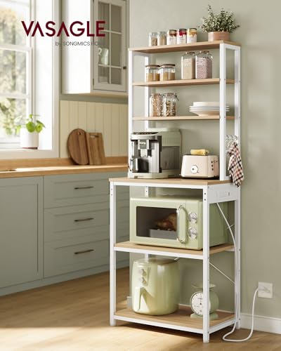 VASAGLE Coffee Bar & Kitchen Storage Rack with Power Outlet, 23.6" Golden Oak & White