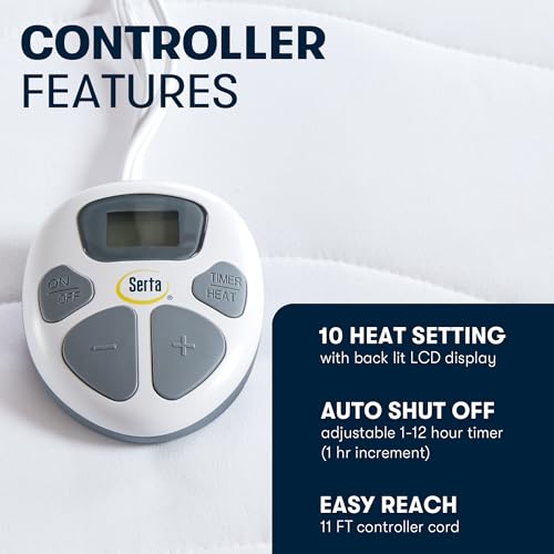 Serta Heated Mattress Pad Twin XL - Deep Pocket, 10 Heat Settings,