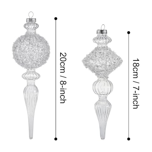 Clear Glass Holiday Finials - Set of 4 Handcrafted Christmas Ornaments, 6 & 7 Inch Assorted Styles