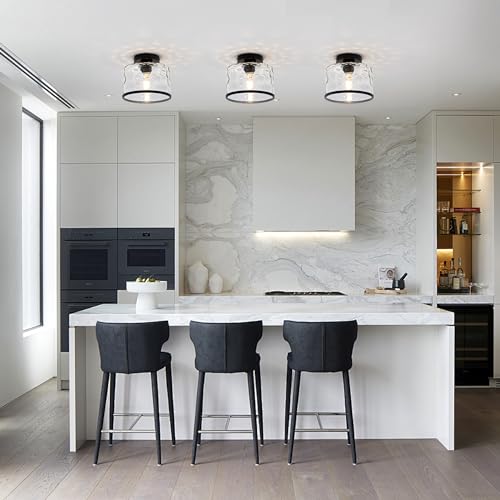 Zlepmlla Glass Ceiling Light - Black Hammered Glass Shade, Farmhouse Semi Flush Mount with Variation Black Wave