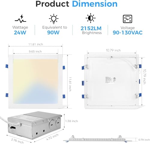 White 12 Inch Square LED Recessed Lighting Kit - 24W, 5 CCT, Ultra-Thin, Dimmable