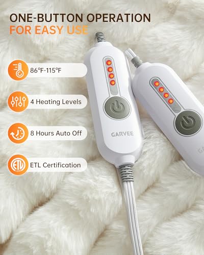 GarveeHome King Size Heated Blanket Faux Fur Dual Control 8H Auto-Off White