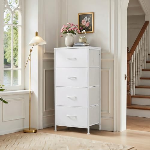 White Fabric Drawer Dresser with Wooden Top - 4 Drawers, 11.8"D x 17.7"W x 37.4"H