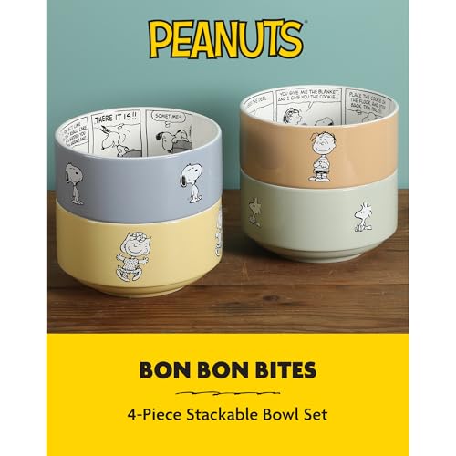 Peanuts Snoopy Bonbon Bites Decorated Stackable Ceramic Bowls Set - 4 Pack, 5.5-Inch, Microwave & Dishwasher Safe