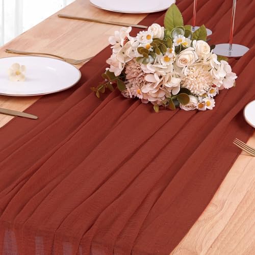 Terracotta Cheesecloth Table Runner 10ft Boho Gauze Runner for Thanksgiving Fall Wedding Baby Bridal Shower Party Decorations 32x120 Inches Long Rustic Cheese Cloth Table Runner