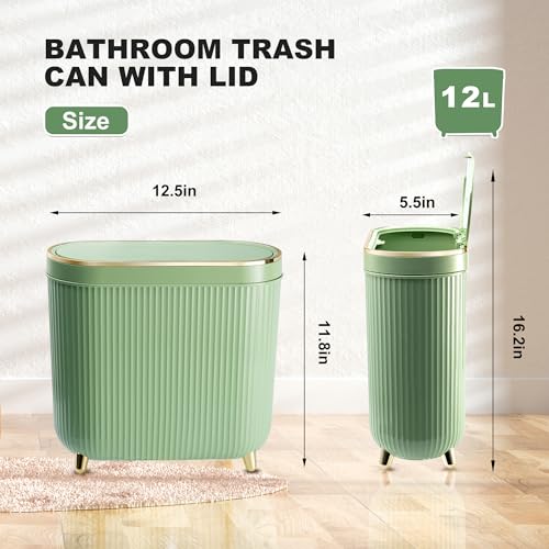 Supteron Mint Green Bathroom Trash Can with Lid 3.2 Gallon Narrow Plastic Waste Bin