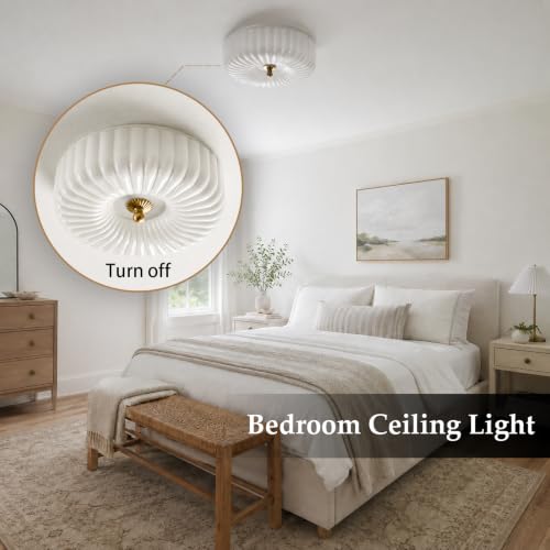12-Inch Dimmable LED Milk Glass Ceiling Light - Gold Flush Mount, Sunflower Inspired, Remote Control