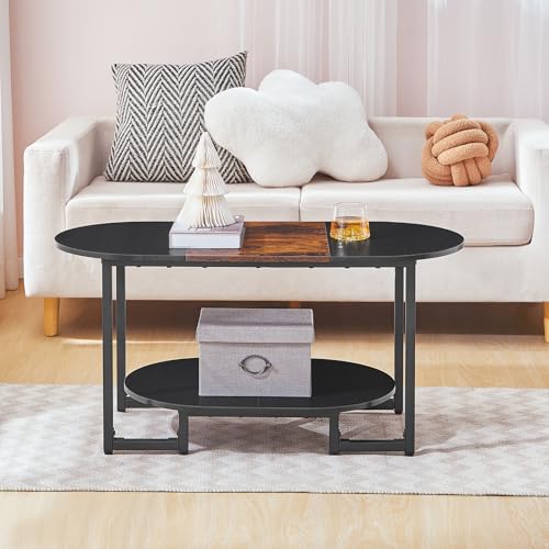 Oval Rustic Brown and Black Coffee Table with 2-Tier Storage - Wooden Center Table